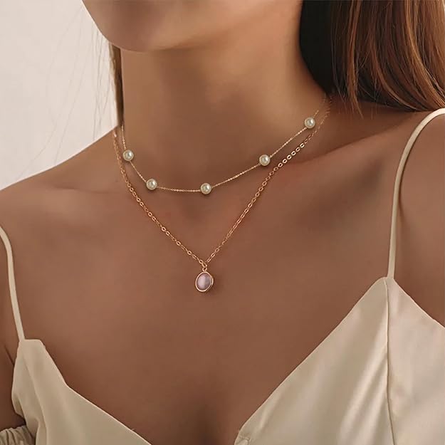 Pearl Necklaces for Women, Gold Pearl Choker Single Pendant Necklace Layered Daisy Prom Wedding Strands for Bride Bridesmaids Beach Summer Jewelry
