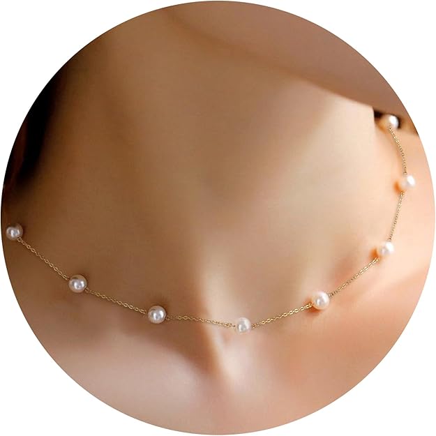 Pearl Necklaces for Women, Gold Pearl Choker Single Pendant Necklace Layered Daisy Prom Wedding Strands for Bride Bridesmaids Beach Summer Jewelry
